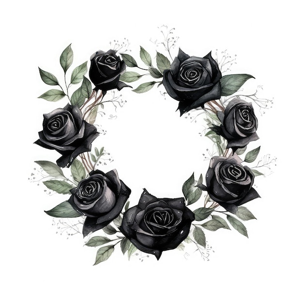 Aquarellreiche volle schwarze Rosen in einem Kranz