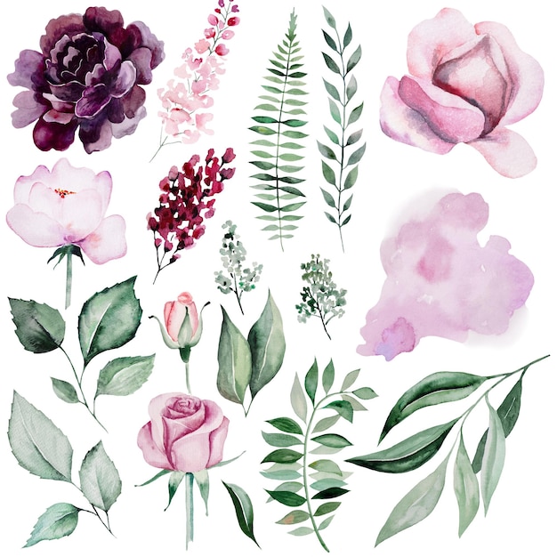 Aquarellrosa Rosenblumen und grüne Gartenblätter illustrieren Hochzeitsbriefpapierelemente