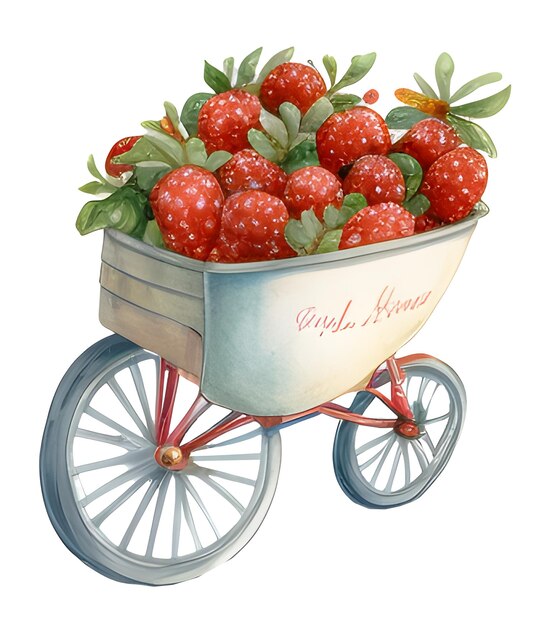 Aquarellrote saftige Erdbeeren mit Blättern und Strömen in einem hölzernen rustikalen Wagen Lebensmittelillustration F