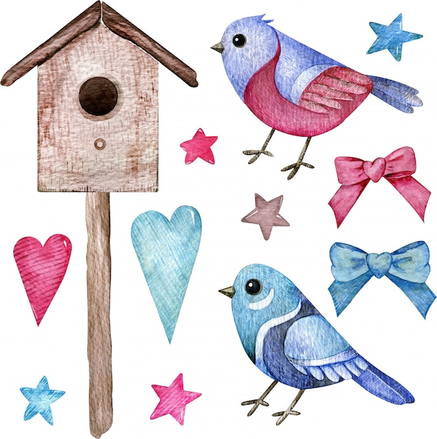 Aquarellsatz rosa und blaue vögel mit einem vogelhaus, herzen, sternen und bögen. handgezeichnete clipart.