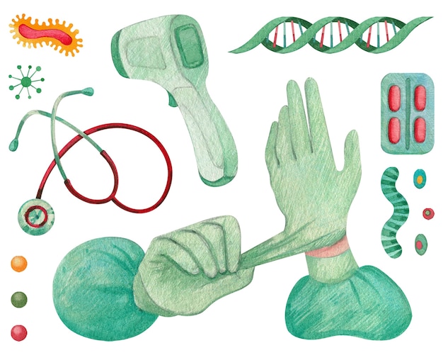 Aquarellset mit Handschuhen und Stethoskop mit DNA und Virus