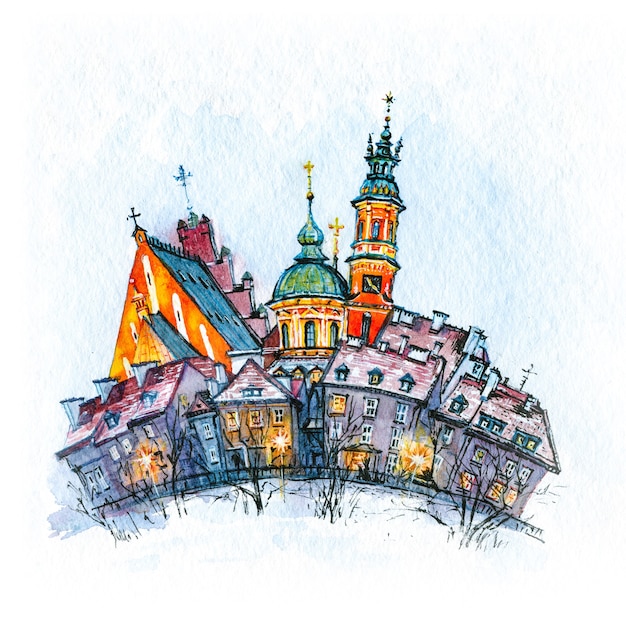 Aquarellskizze der Altstadt am Wintertag, Warschau, Polen