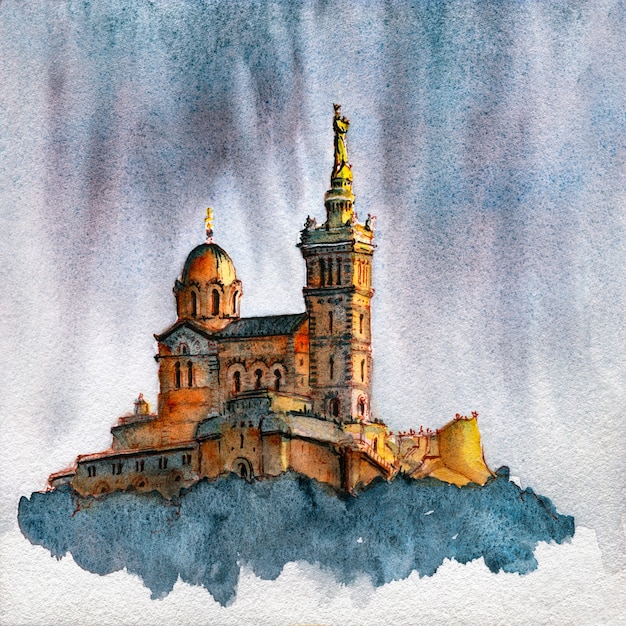 Aquarellskizze der Basilika Notre Dame de la Garde, Marseille, Frankreich