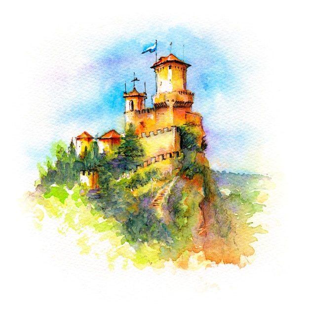 Aquarellskizze der Festung Guaita oder Prima Torre auf dem Kamm des Titano