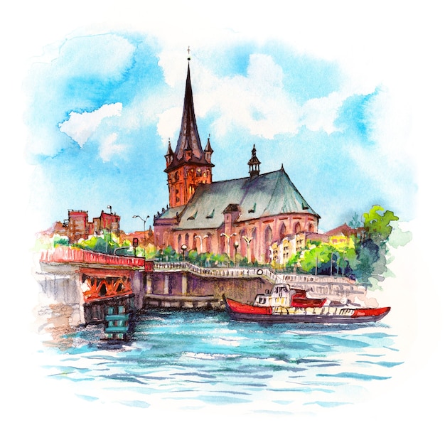 Aquarellskizze der kathedrale in der altstadt in stettin pommern polen