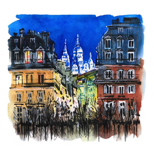 Aquarellskizze der Nacht Paris, Frankreich