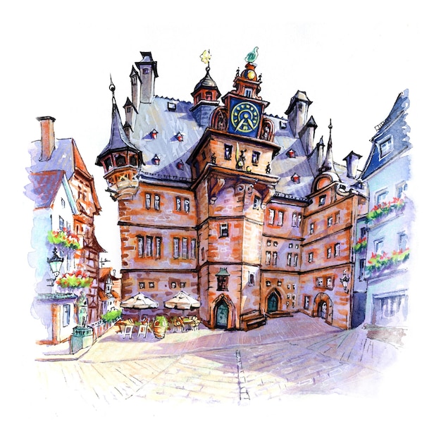 Aquarellskizze des Marburger Alten Rathauses Deutschland