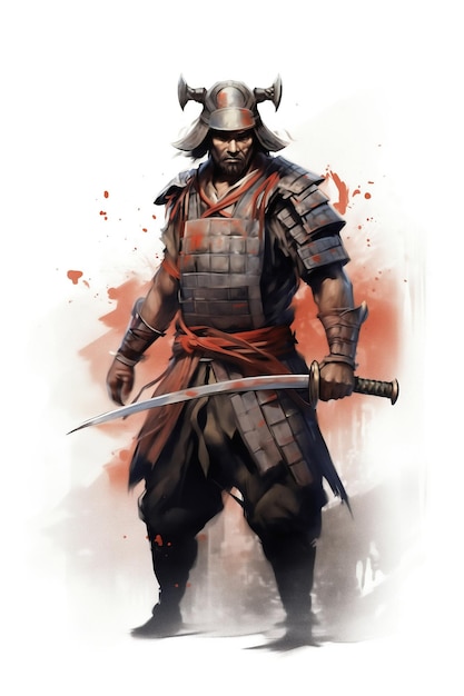 Aquarellskizze eines japanischen Samurai-Kriegers in Rüstung mit Katana-Schwert