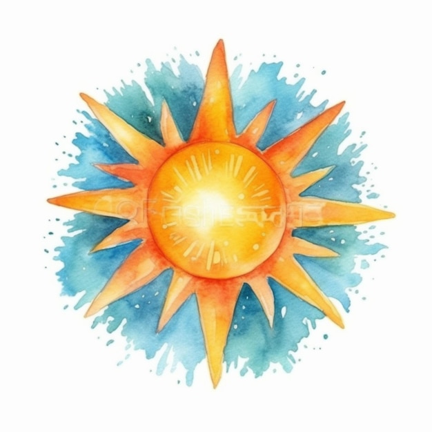 Aquarellsonne mit Spritzern auf weißem Hintergrund, generative KI