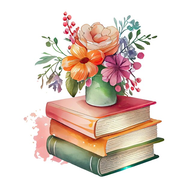 Aquarellstapel Bücher mit einer Blumenvasenillustration