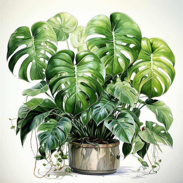 AquarellStil Kleine Monstera in einem Topf Clipart isoliert