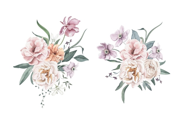 Aquarellsträuße mit Rosen, Mohn und Laub