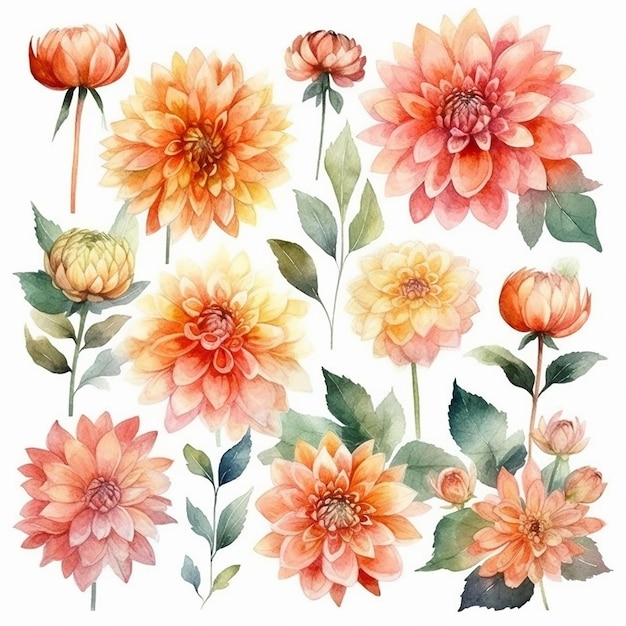 Aquarellstrauß aus Dahlienblüten mit Blättern