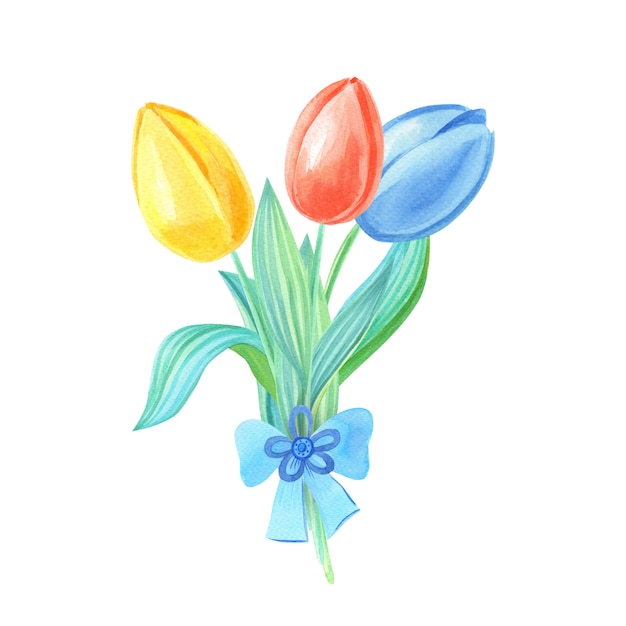 Aquarellstrauß mit gelben, roten, blauen Tulpen