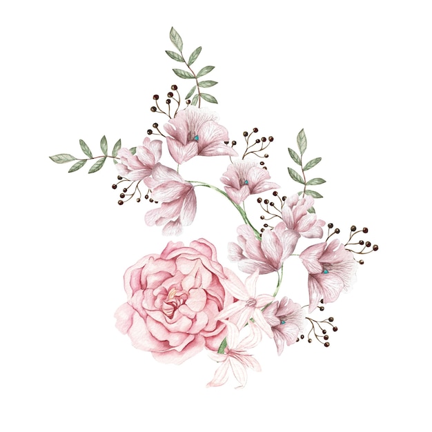 Aquarellstrauß mit Pfingstrosenblumen und Rittersporn Illustration