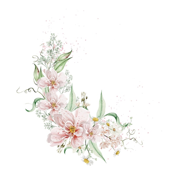 Aquarellstrauß mit Rosenblüten und Blättern Illustration