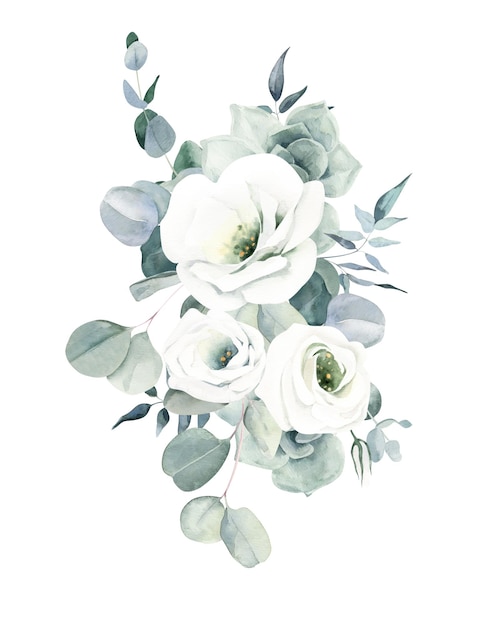 Foto aquarellstrauß mit weißem lisianthus und eukalyptus