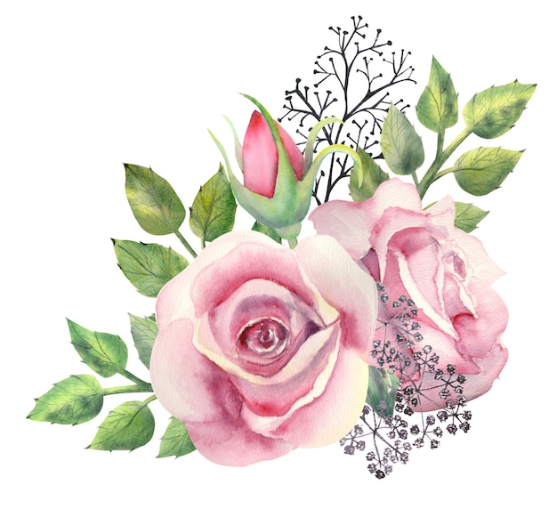 Aquarellstrauß von rosa Rosenblumen, grünen Blättern, roten Beeren, dekorativen Zweigen