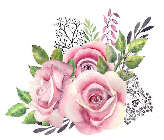 Aquarellstrauß von rosa Rosenblumen, grünen Blättern, roten Beeren, dekorativen Zweigen