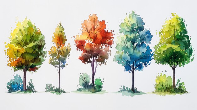 Aquarellszene mit Bäumen und Sträuchern Generative KI