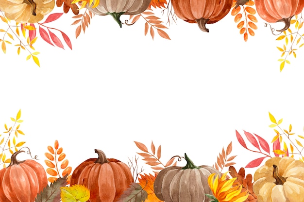 Aquarellvektor-Herbstrahmen mit Kürbissen, bunten Herbstblättern, trockenen Zweigen und Sonnenblumen