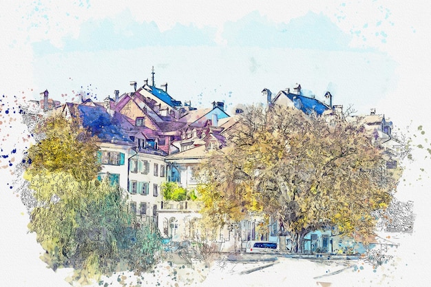 Foto aquarellzeichnung bild stadt bern schöne stadt in der schweiz