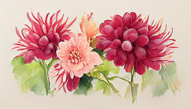 Aquarellzeichnung Blumenstrauß aus rosa und weinroten Blumen