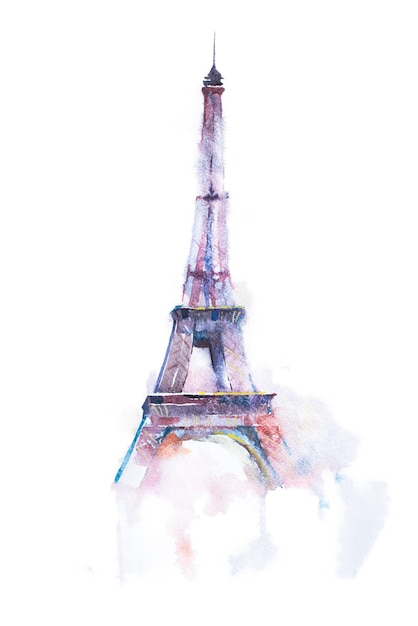Aquarellzeichnung des Eiffelturms in Paris auf weißem Hintergrund