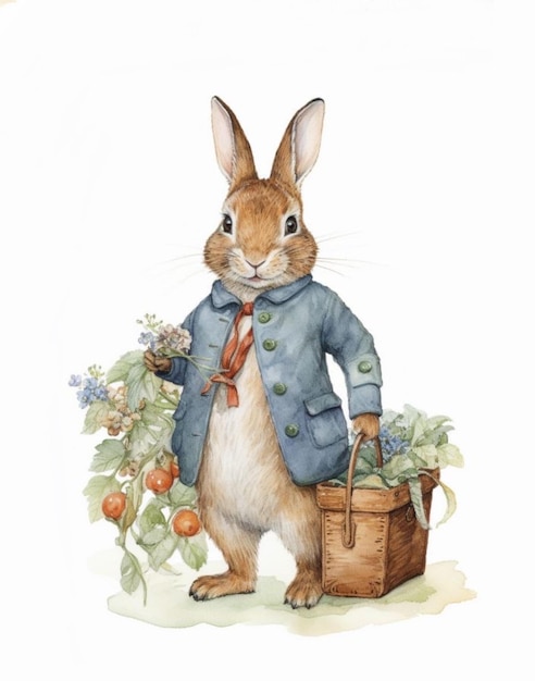 Aquarellzeichnung eines Kaninchens in einem Vintage-Jacken-Cartoon-Kaninchen