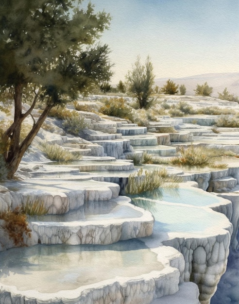 Aquarellzeichnung eines natürlichen Wasserfalls im türkischen Pamukkale-Salzsee mit Mineralien