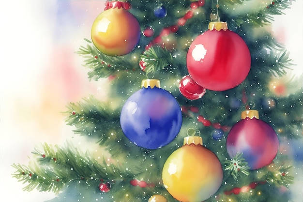 Aquarellzeichnung eines Weihnachtsbaums mit Dekorationen in naher Nähe