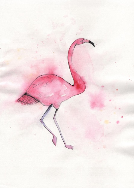 Aquarellzeichnung im naiven Stil rosa Flamingo steht auf einem Bein