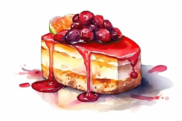 Aquarellzeichnung Käsekuchen auf weißem Hintergrund Generative KI