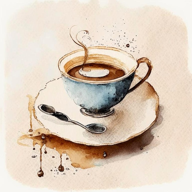 Aquarellzeichnung Keramikbecher mit heißem Kaffee mit Milch oder Cappuccino