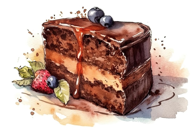 Aquarellzeichnung Schokoladenkuchen auf weißem Hintergrund Generative KI