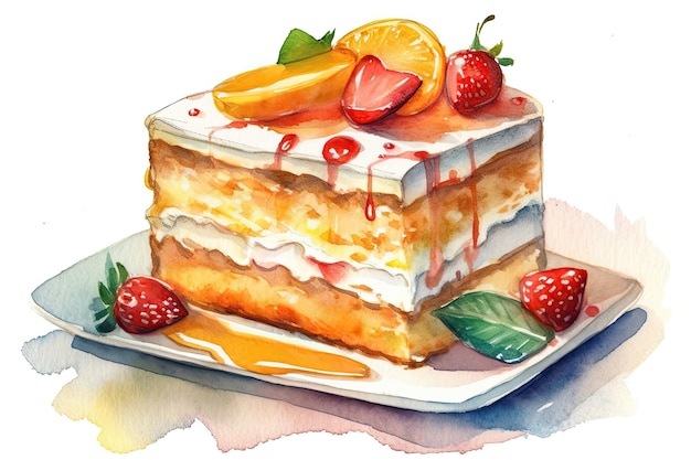 Aquarellzeichnung Tres Leches Kuchen auf weißem Hintergrund Generative KI