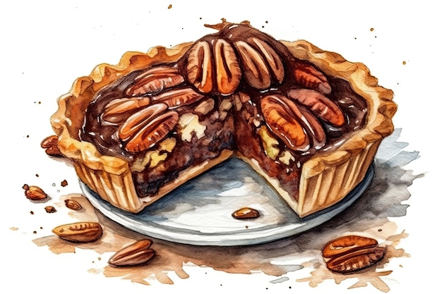 Aquarellzeichnung von Pekannusskuchen auf weißem Hintergrund, generative KI