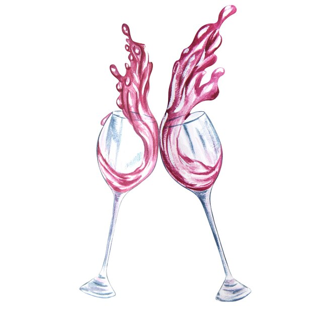 Aquarellzusammensetzung von Gläsern mit Wein auf weißem Hintergrund. Raster Vielseitig einsetzbar