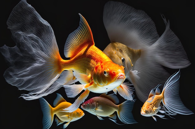 Aquaria con peces dorados sobre un fondo oscuro