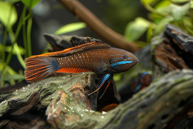 Aquário com peixes laranja e azul