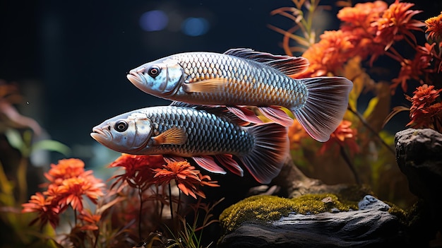 Aquario de peces Arowana de platino con hermosas decoraciones