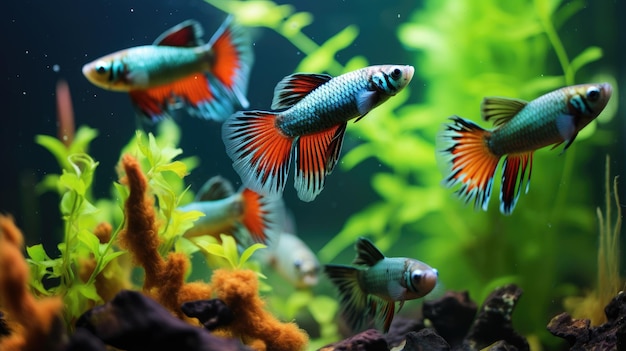 Foto aquário peixe guppy peixe dourado com plantas verdes bela vida subaquática