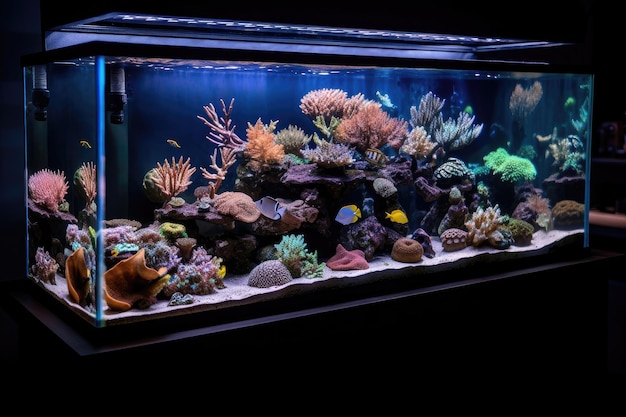 Aquarium mit Blick auf farbenfrohe Korallenriffe und Wasserpflanzen, erstellt mit generativer KI