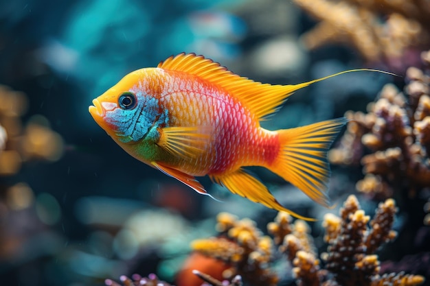 Aquariumfische schwimmen anmutig zwischen Korallen für eine beruhigende und schöne Aquariumversorgungsanzeige