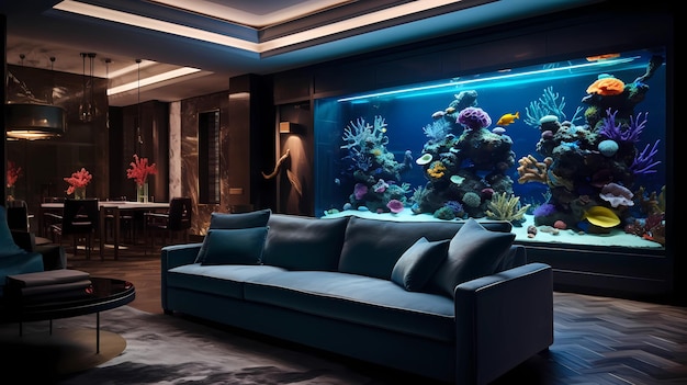 Aquariumwand in einem modernen Wohnzimmer