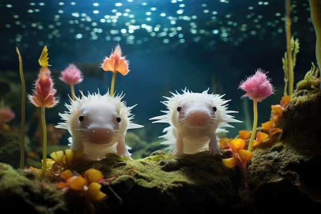 Foto aquatische amphibien axolotls in einer wunderschön gestalteten unterwasserumgebung