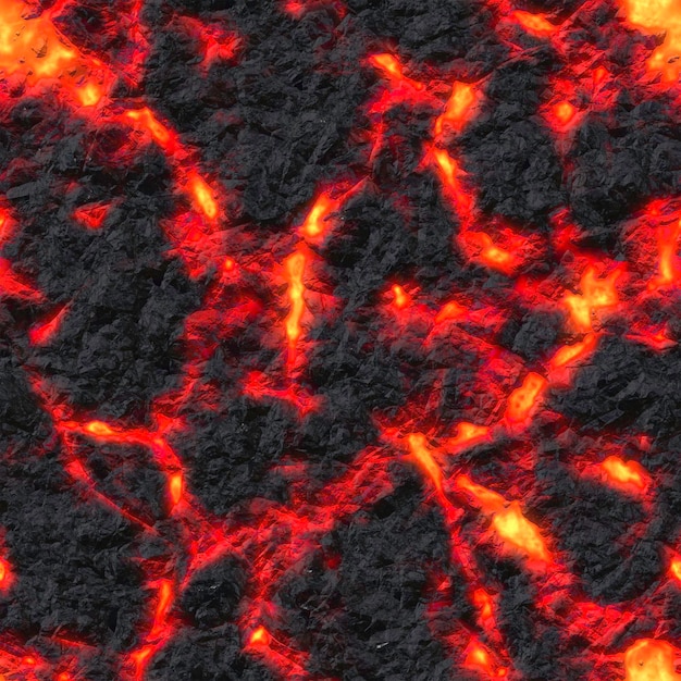 Aqueça a textura do solo rachado vermelho após a erupção do vulcão. Renderização 3D