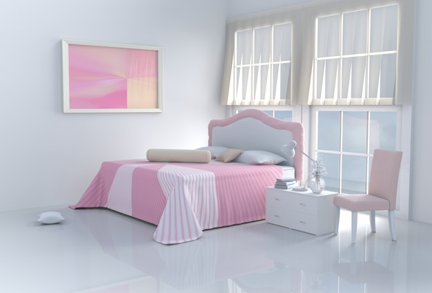 Aqueça o quarto cor-de-rosa da cama no dia feliz. 3d rendem.