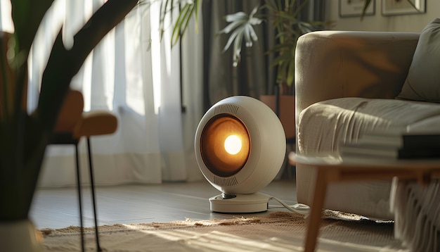 Aquecedor de ventilador elétrico no chão na sala de estar em close-up