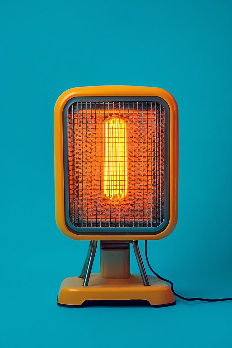 Foto aquecedor elétrico vintage iluminado contra um fundo azul